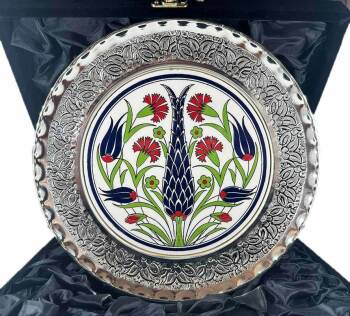 Selvi Ağacı Motifli Gümüş Tabak 25cm - Çini Evi