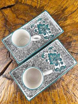 Service à café en carreaux Iznik à motifs turquoise Hatayi et corne dorée – Minimaliste et artistique - 3