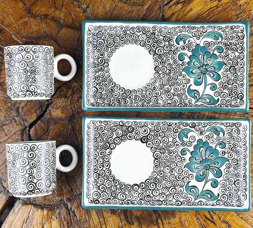 Service à café en carreaux Iznik à motifs turquoise Hatayi et corne dorée – Minimaliste et artistique - 1