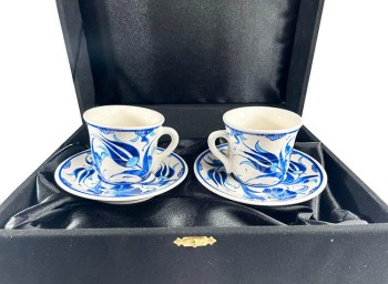Service à café deux personnes motif tulipe bleue et œillet - Çini Evi