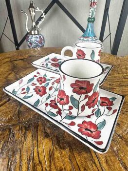 Set de présentation pour café en céramique d’Iznik à jardin de fleurs rouges – cadeau élégant - 2