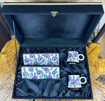 Set de présentation pour café en céramique d’Iznik à jardin de fleurs violettes – design spécial - 4