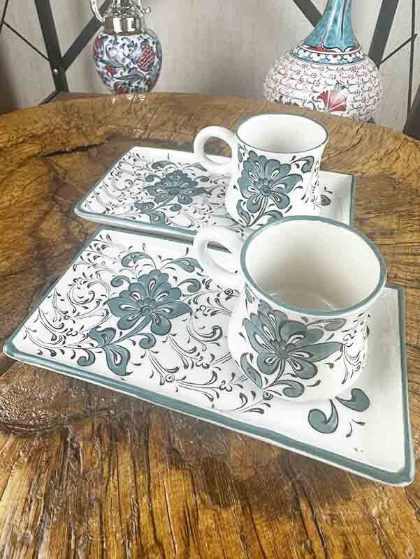 Set de présentation pour café d’Iznik à motif de fleur de lotus turquoise – sélection spéciale - 2