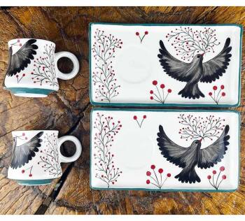 Set de présentation pour café d’Iznik à motif d’oiseau de paix – cadeau minimaliste - Çini Evi