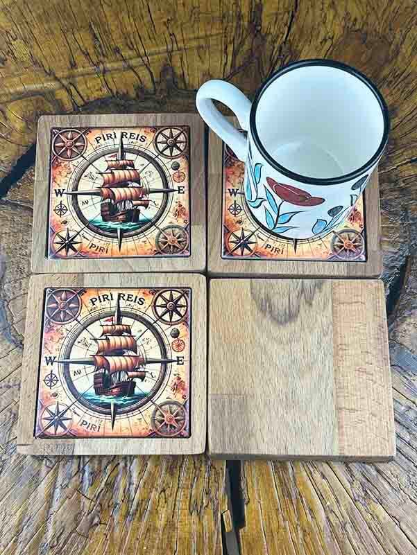 Set de dessous de verre en bois motif Piri Reis - 2