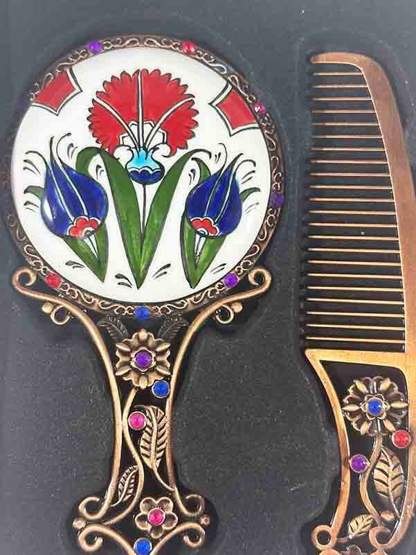 Set Miroir de Maquillage à Motif Spécial de Tulipes – Céramique d’Iznik - 2