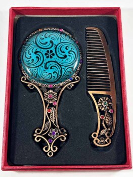 Set Miroir et Peigne avec Motif Haliç sur Fond Bleu – Artisanat Ottoman Élégant - Çini Evi