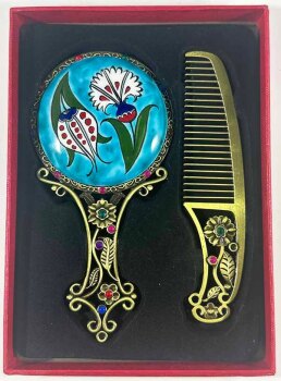 Set Miroir et Peigne à Motifs Tulipe et Œillet sur Fond Turquoise - Çini Evi