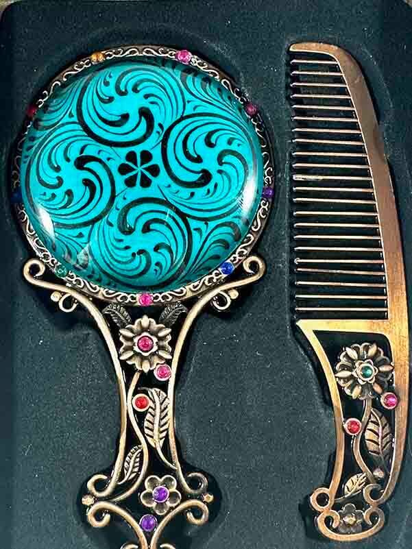 Set miroir et peigne fond bleu motif Haliç - 2