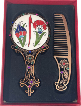 Sevgiliye Hediye Elif Motifli İznik Çini Ayna Seti - Çini Evi