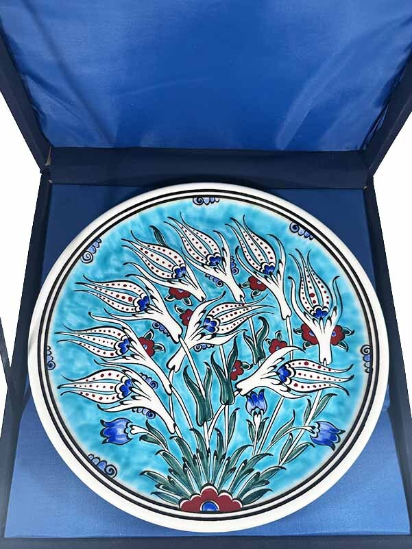 Sonderzeremonie-Geschenk, Iznik Çini Teller mit Tulpenmotiv auf türkisfarbenem Grund - 3