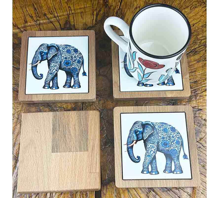 Sous-verres à motif d’éléphant – Harmonie symbolique en céramique d’Iznik et bois naturel - 2