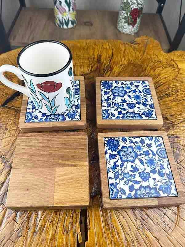 Sous-verres à motif floral – Éclat naturel en céramique d’Iznik et bois naturel - 2