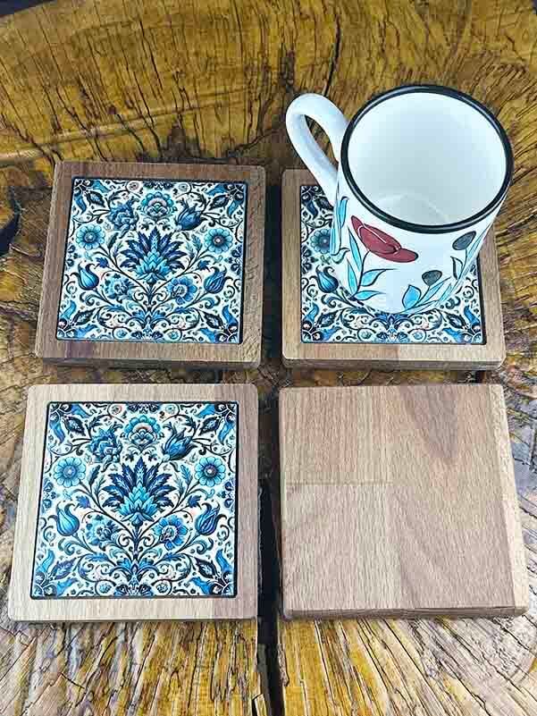 Sous-verres à motif végétal – Cadeau élégant pour bureau en céramique d’Iznik et bois naturel - 2