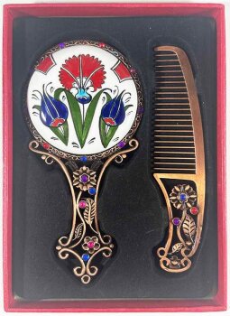 Special Tulip Patterned Makeup Mirror and Comb Set – Ottoman-Inspired Iznik Design - 1
