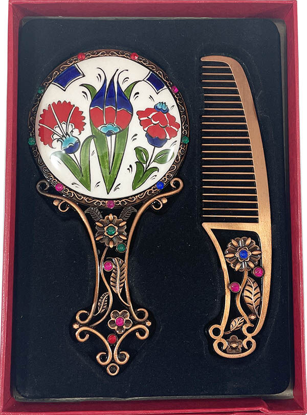 Spring and tulip motif Iznik Pottery mirror set - 1