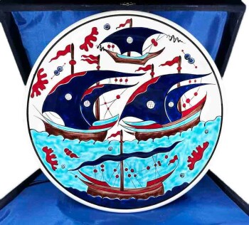 Traditional Sunken Galleon 30 cm Iznik Ceramic Plate - Çini Evi