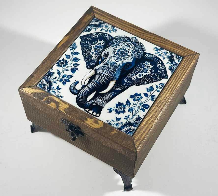 Symbol of Wisdom & Strength – Elephant Patterned Wooden Jewelry Box - 1