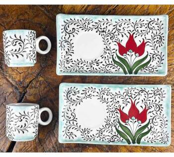 Three Red Tulips Composition Iznik Coffee Presentation Set - Elite Serving Piece - Çini Evi