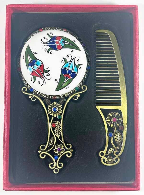 Three Tulips Mirror & Comb Set – Ottoman-Inspired Iznik Ceramic Gift - 1