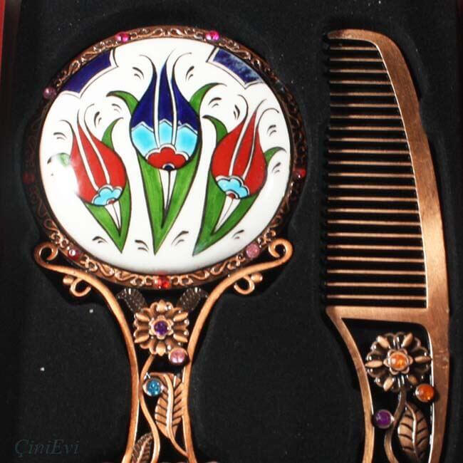 Three Tulips Pattern Iznik Ceramic Mirror Set - 2