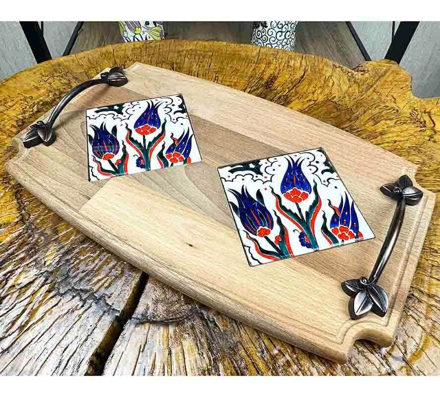 Three Tulip Pattern Wooden Tray - 1