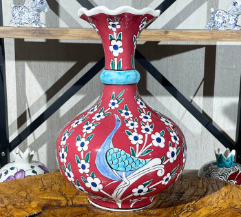 Tree of Life and Peacock Iznik Ceramic Vase - Çini Evi