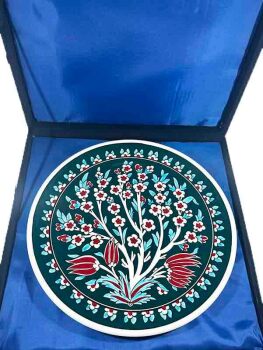 Tree of Life Motif Iznik Ceramic Plate on Green Background - 3