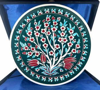 Tree of Life Motif Iznik Ceramic Plate on Green Background - Çini Evi