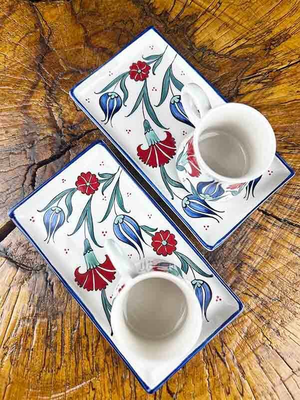 Tulip and Carnation Motif Iznik Ceramic Coffee Presentation Set - Classic Design - 3