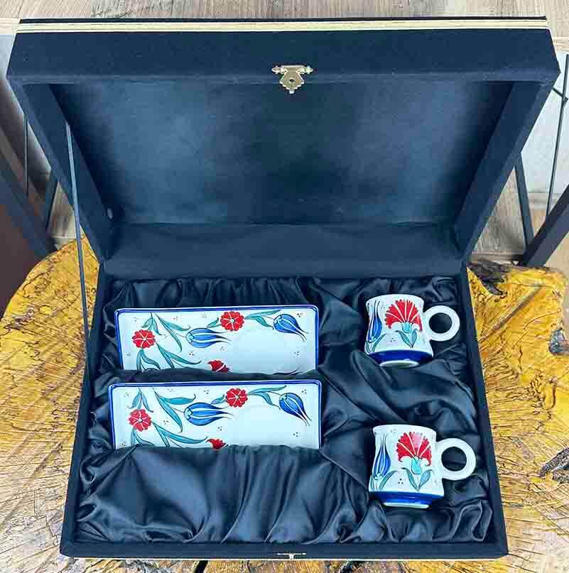 Tulip and Carnation Motif Iznik Ceramic Coffee Presentation Set - Classic Design - 4