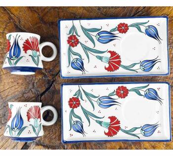Tulip and Carnation Motif Iznik Ceramic Coffee Presentation Set - Classic Design - Çini Evi