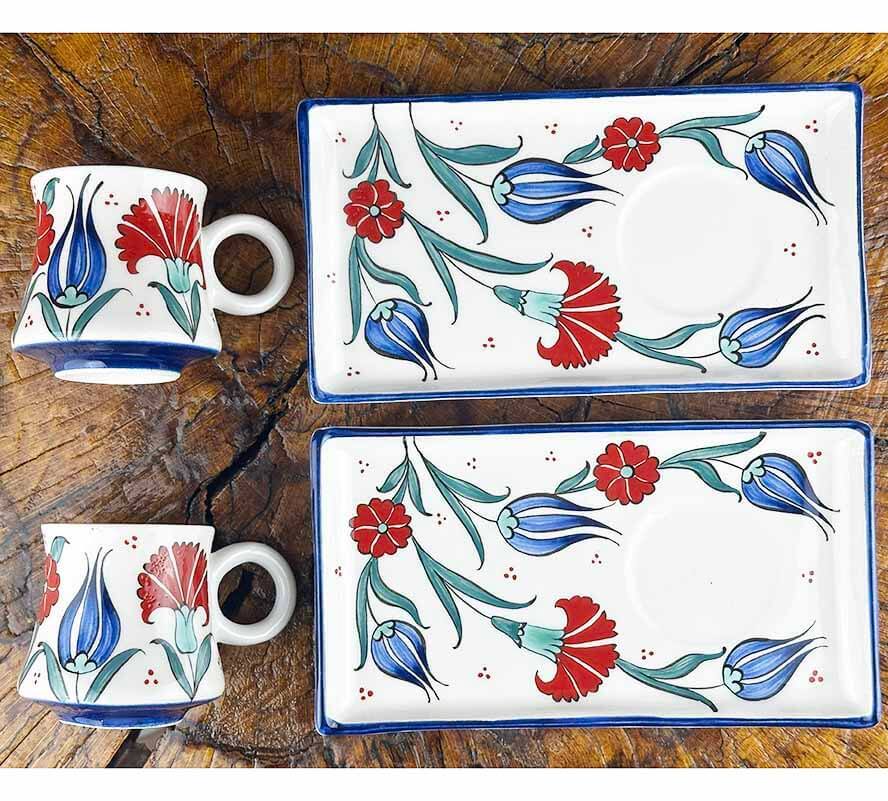 Tulip and Carnation Motif Iznik Ceramic Coffee Presentation Set - Classic Design - 1