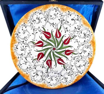 Tulip and Halic 25 cm Iznik Ceramic Plate with Yellow Frame - Çini Evi