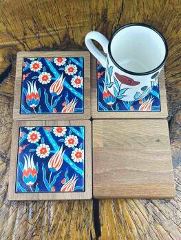 Tulip and Spring Motif Wooden Coaster Set - Çini Evi (1)