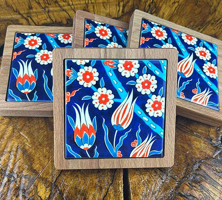 Tulip and Spring Motif Wooden Coaster Set - 1