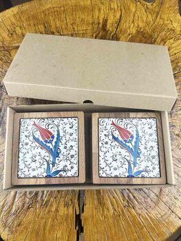 Tulip Patterned Wooden Coaster Set - Çini Evi (1)