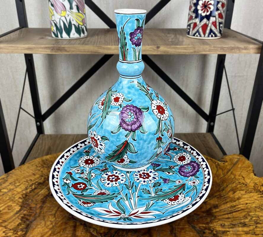 Turkuaz Çiçek Bahçesi – İznik Çini Vazo Tabak Seti - 1