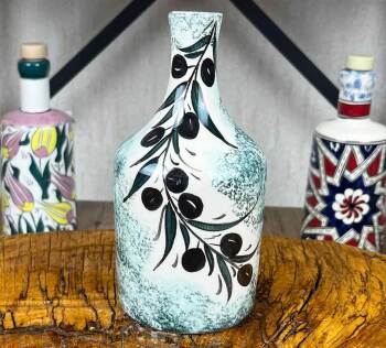Turkuaz Dokulu Zeytin Dalı Desenli El İşi Zeytinyağlık 410 ml - Çini Evi
