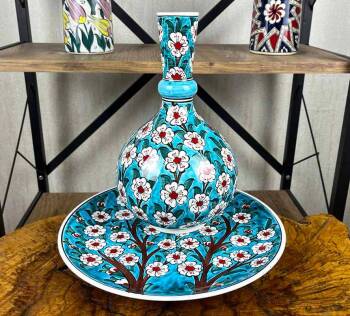 Turkuaz Hayat Ağacı – İznik Çini Vazo Tabak Seti - Çini Evi