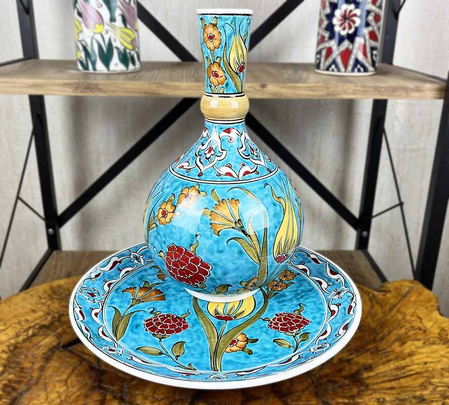 Turkuaz Zarafet – İznik Çini Vazo Tabak Seti - 1