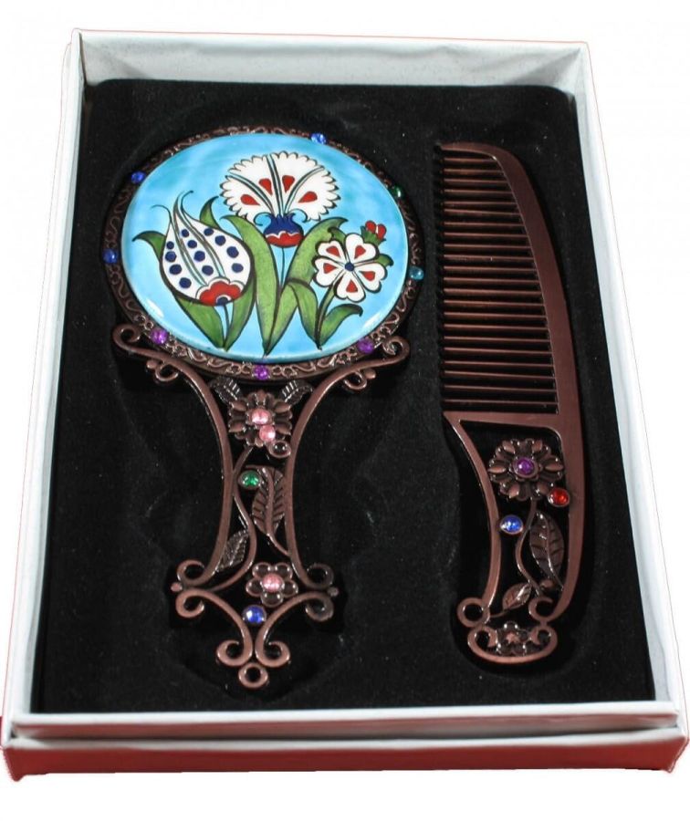 Turkuaz Zemin Bahar Desenli Ayna Set - 2