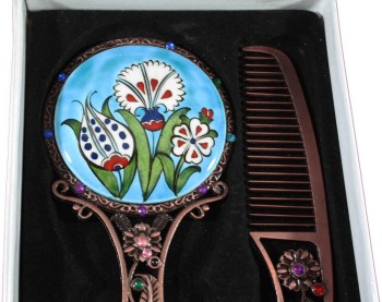 Turkuaz Zemin Bahar Desenli Ayna Set - Çini Evi