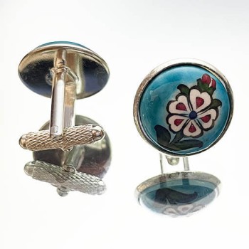 Turkuaz Zemin Bahar Desenli İznik Çini Kol Düğmesi - Çini Evi