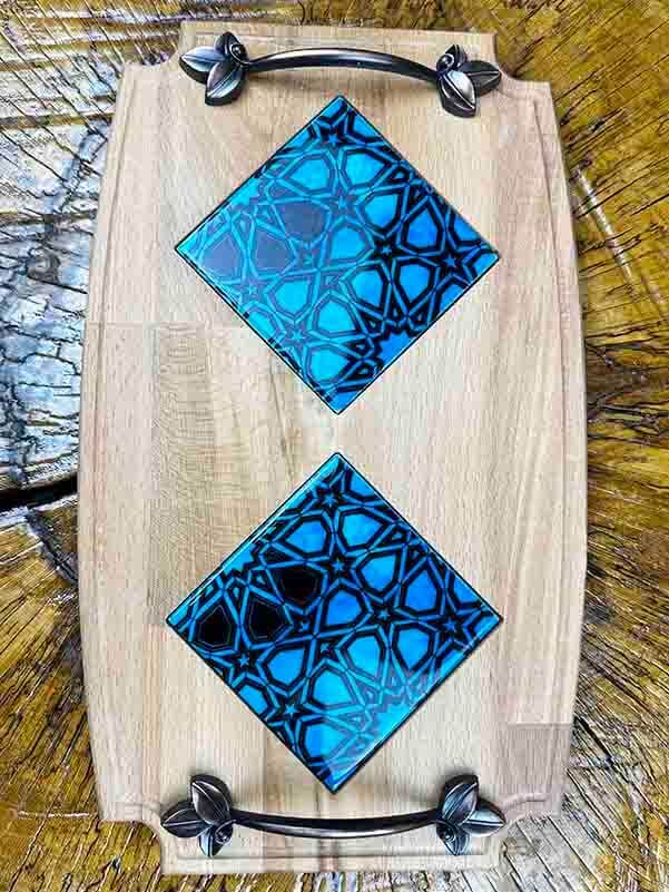 Turquoise Seljuk Star Pattern Wooden Tray - 2