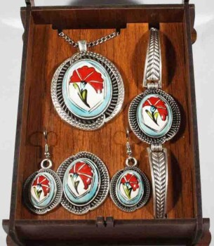 Turquoise Background Special Carnation Pattern Iznik Ceramic Jewelry Set - 1