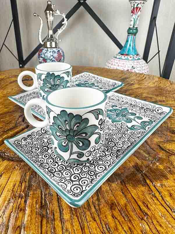 Turquoise Hatayi and Halic Pattern Iznik Ceramic Coffee Presentation Set - Minimal and Artistic - 2