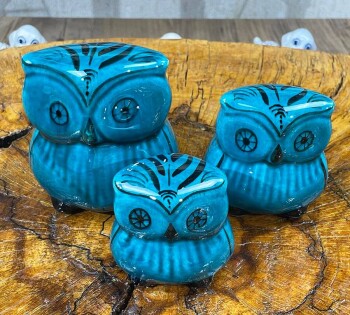 Turquoise Owl 3-Piece Figurine Set - Çini Evi
