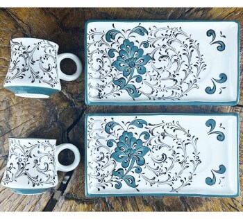 Turquoise Water Lily Motif Iznik Coffee Presentation Set - Special Selection - 1
