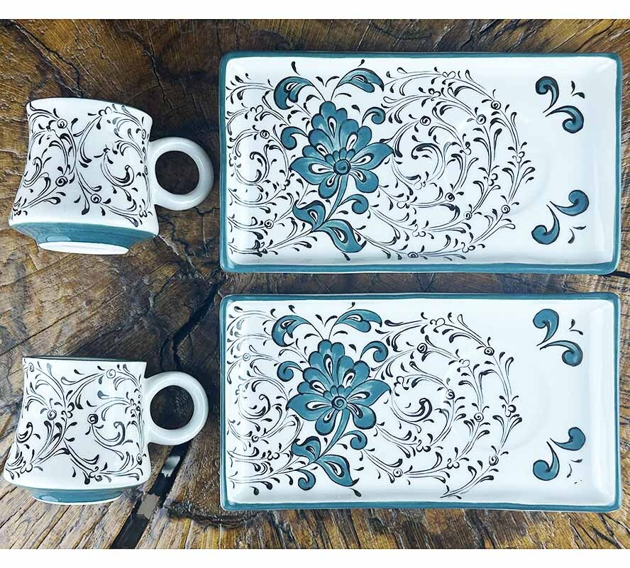 Turquoise Water Lily Motif Iznik Coffee Presentation Set - Special Selection - 1